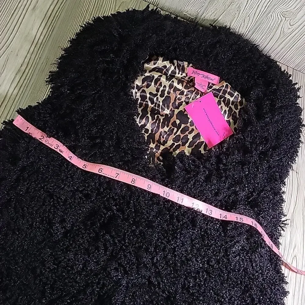 Betsey Johnson Black Faux Fur Vest Animal Print Lining Womens Size Small NWT